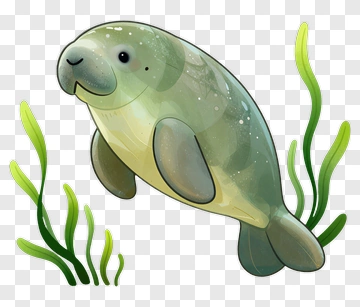 Cartoon Manatee Swimming In Seaweed PNG