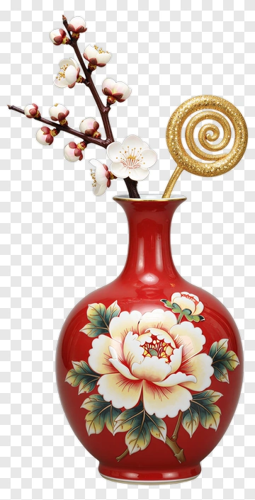 Red Vase With Floral Design And Decorative Twigs PNG