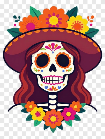 Colorful Skeleton Woman With Floral Hat PNG