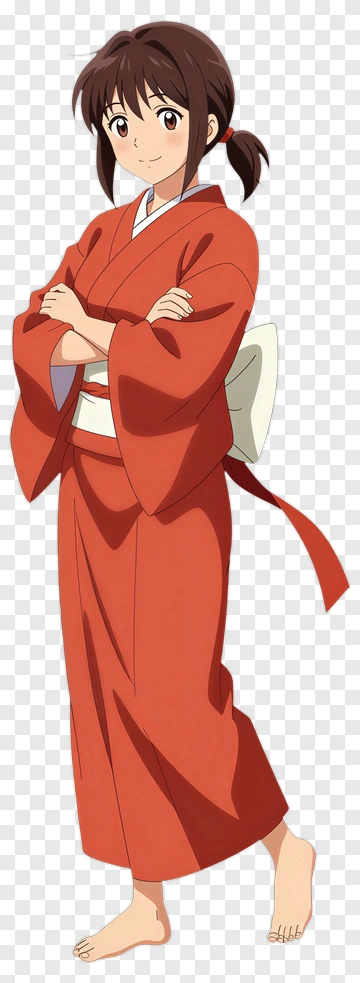 Girl In Red Kimono Standing Confidently PNG