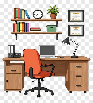 Office Desk With Books And Certificates PNG