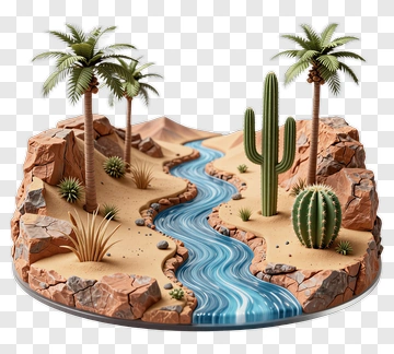 Desert Landscape With River And Cacti PNG