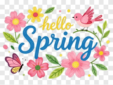 Hello Spring Floral Design With Butterfly And Bird PNG