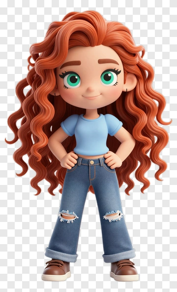 Cartoon Girl With Curly Red Hair In Casual Outfit PNG