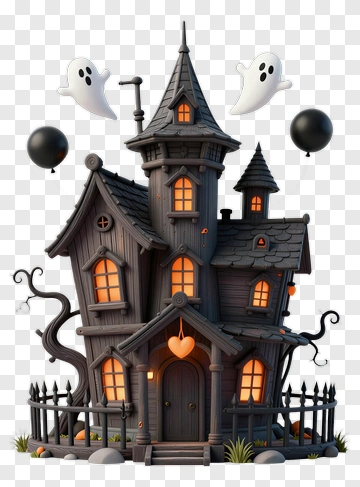 Cartoon Haunted House With Ghosts And Balloons PNG