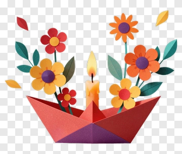 Colorful Paper Boat With Flowers And Candle PNG
