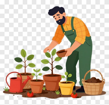 Gardener Planting In Flower Pots PNG