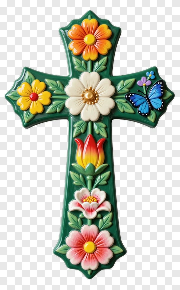 Colorful Floral Cross With Butterfly PNG