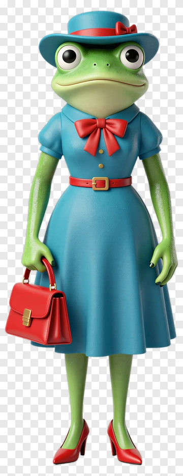 Cartoon Frog In A Blue Dress Holding A Red Handbag PNG