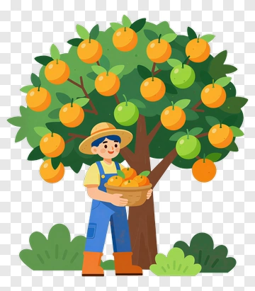 Cartoon Farmer Holding A Basket Of Oranges PNG