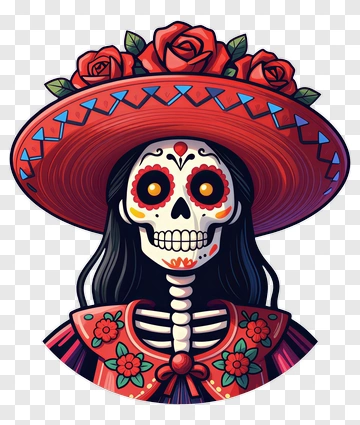 Colorful Skeleton Woman With Flowers And Hat PNG