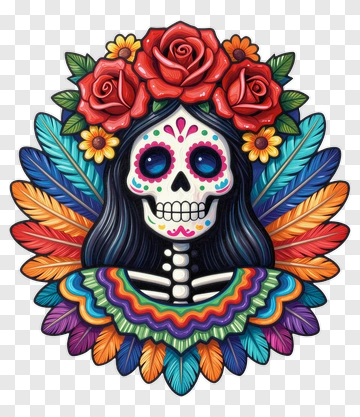 Colorful Sugar Skull With Floral Decorations PNG