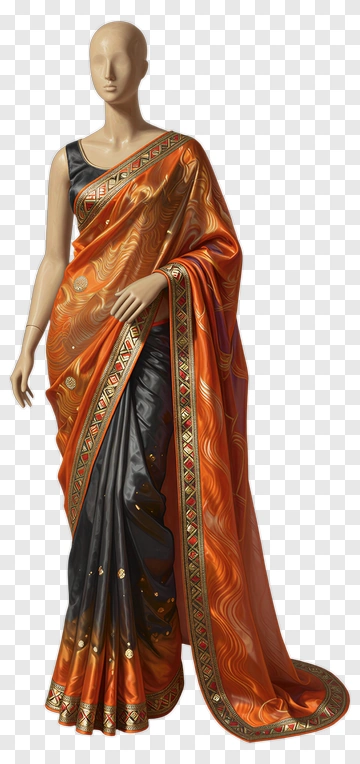 Elegant Saree With Orange And Black Design PNG