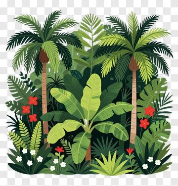 Tropical Jungle Scene With Palm Trees And Flowers PNG