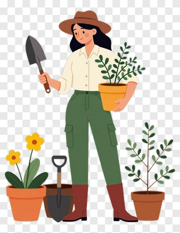 Gardener Holding A Potted Plant And Shovel PNG