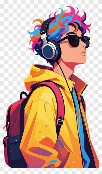 Colorful Young Man Wearing Headphones PNG