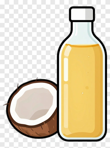 Coconut Oil Bottle And Coconut Half PNG