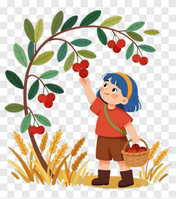 Girl Picking Cherries From A Tree PNG