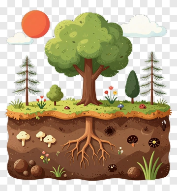 Cartoon Tree With Roots And Garden Elements PNG