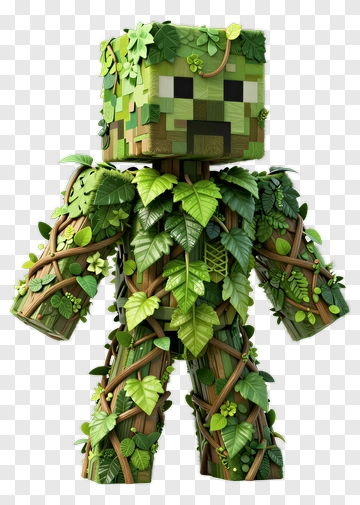 3D Minecraft Creeper Character Covered In Leaves PNG
