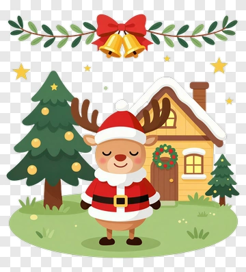 Cartoon Reindeer In Santa Outfit By A Cozy Cabin PNG