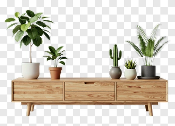 Wooden Table With Potted Plants PNG