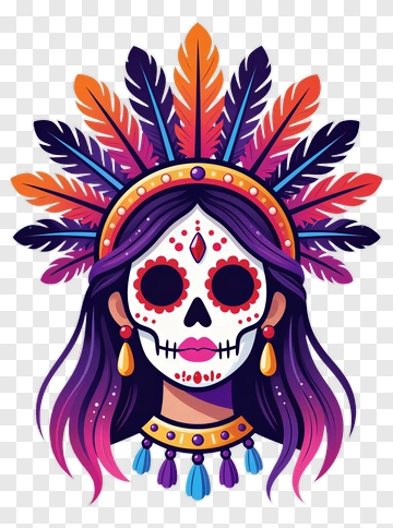 Colorful Skull Woman With Feather Headdress PNG