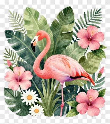 Pink Flamingo Surrounded By Tropical Flowers And Leaves PNG