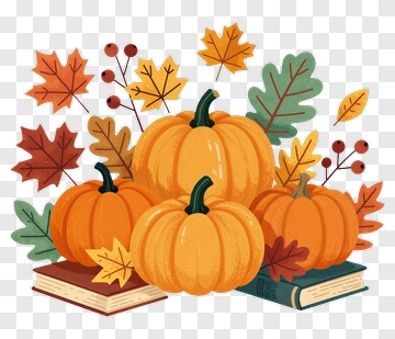 Autumn Pumpkins With Colorful Leaves And Books PNG