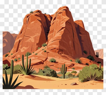 Desert Landscape With Rocky Mountains And Cacti PNG