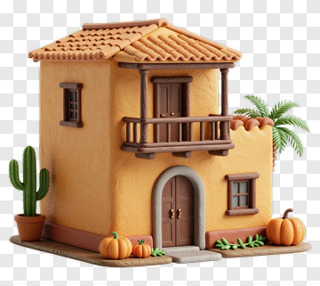 Colorful Clay House With Pumpkins And Cactus PNG