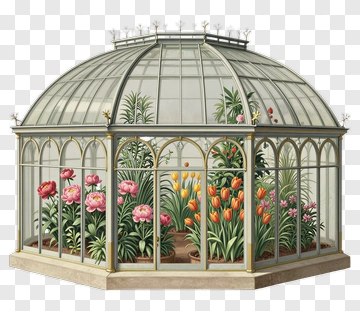 Glass Greenhouse With Colorful Flowers PNG