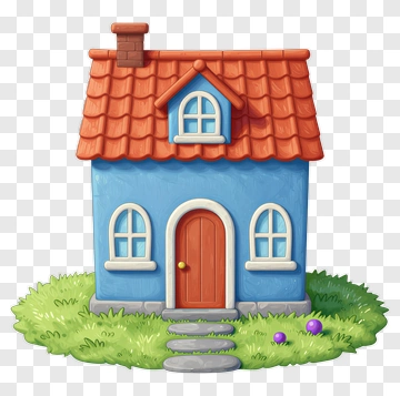 Cartoon Blue House With Red Roof PNG