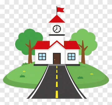 School Building With Clock And Trees PNG