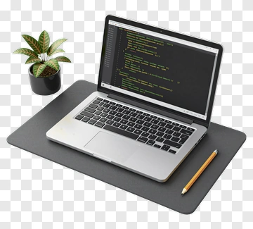 Laptop On Desk With Plant And Coding Display PNG