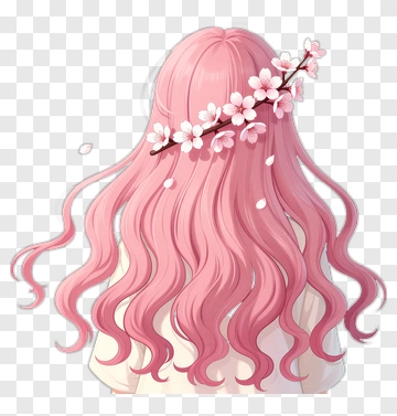 Pink Hair With Cherry Blossom Accessories PNG