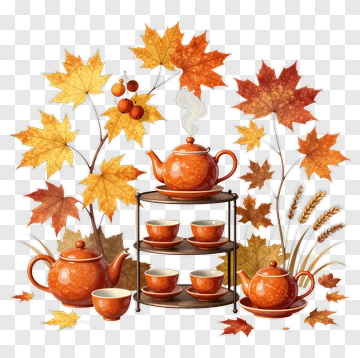 Autumn Tea Set With Maple Leaves PNG