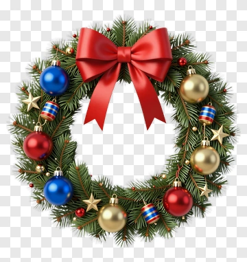 Christmas Wreath With Ornaments And Bow PNG