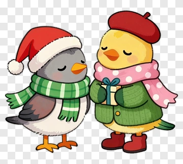 Cartoon Birds Celebrating Christmas PNG