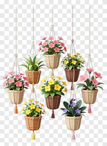 Hanging Flower Pots With Colorful Plants PNG