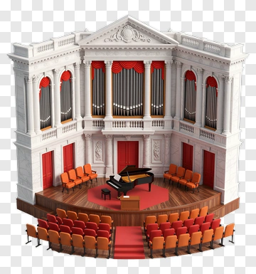 Concert Hall With Grand Piano And Red Drapery PNG