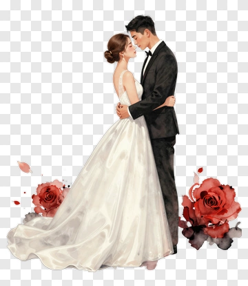 Bride And Groom Embracing With Roses PNG