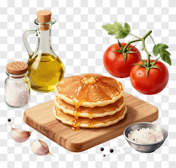 Stack Of Pancakes With Tomatoes And Olive Oil PNG