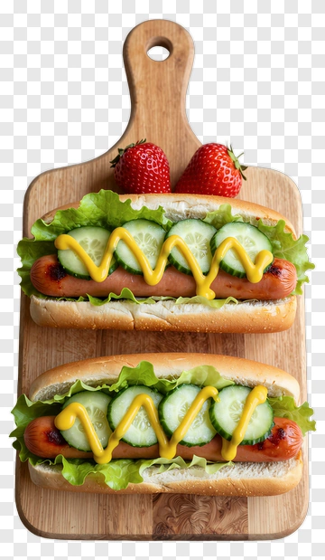 Hot Dogs With Cucumbers And Mustard On A Cutting Board PNG