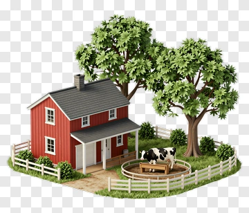 Farmhouse With Cow And Trees PNG