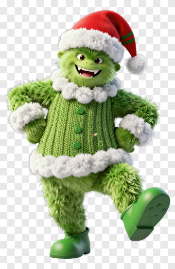 Cartoon Green Monster In Christmas Sweater And Hat PNG