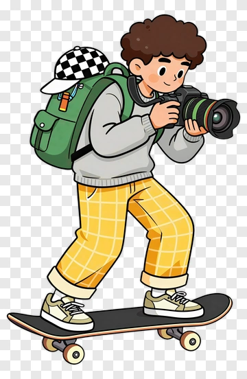 Cartoon Boy Skateboarding While Taking Photos PNG