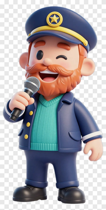 3D Cartoon Captain Holding A Microphone PNG