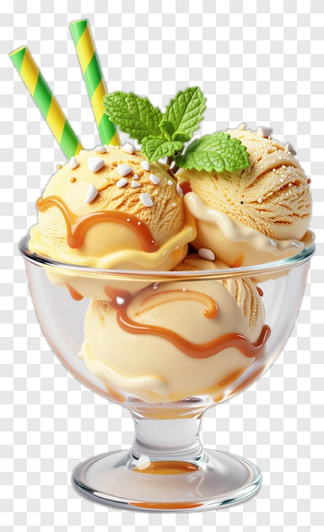 Ice Cream Sundae With Caramel And Mint Leaves PNG