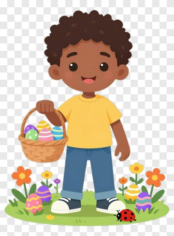 Cartoon Boy Holding An Easter Egg Basket PNG